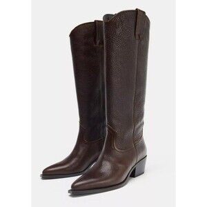 ZARA Leather High Boots Brown Western Cowboy Textured Knee High NWT Size 40 US 9